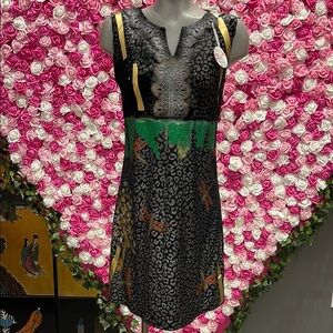 Upcycled by HRM Style - Elegant Black and Green Patterned Dress